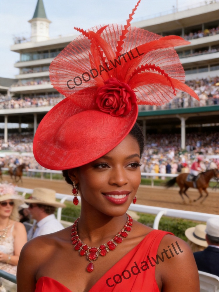 Women'S Fashion Kentucky Derby - Красный сетчатый головной убор с перьями